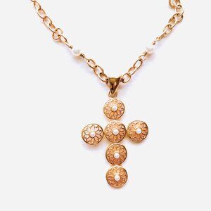 Vintage Cézanne Cross Necklace with Pearl Accents